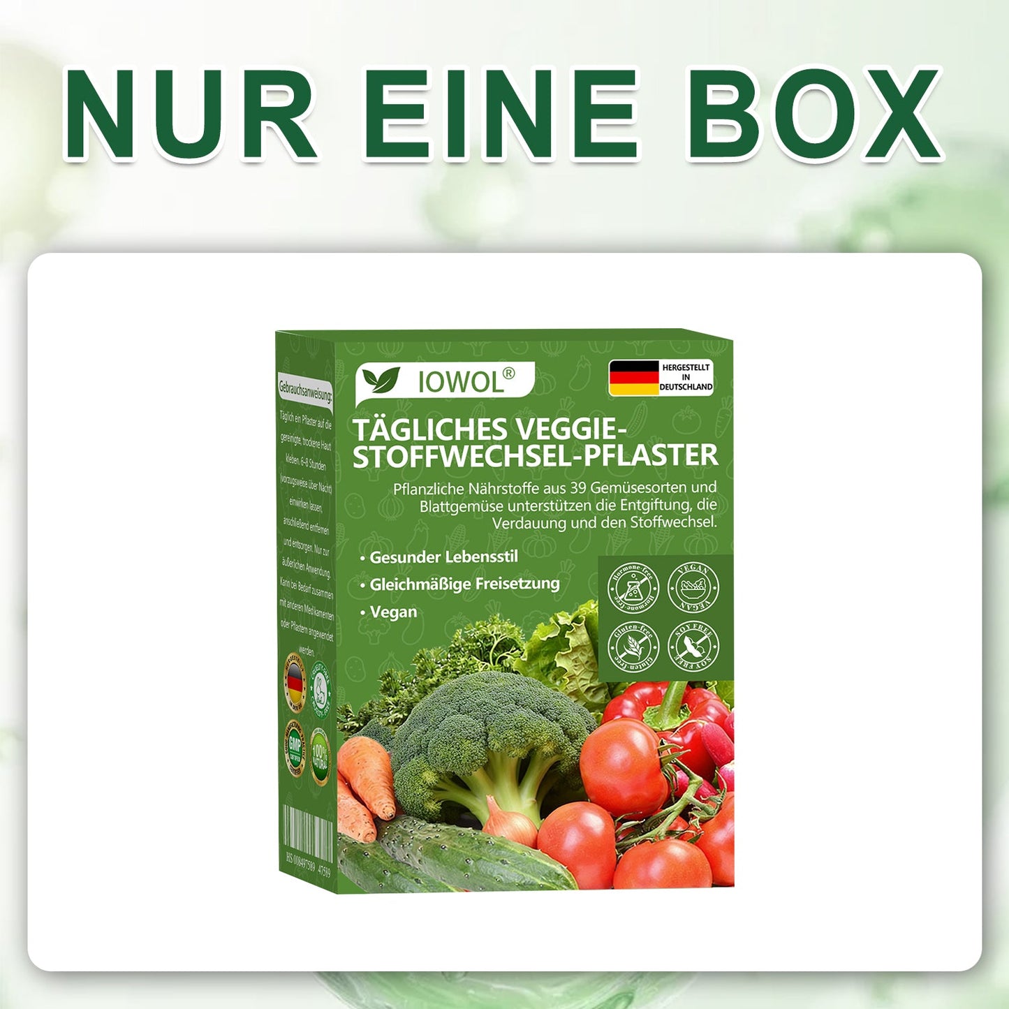 🥦Offizieller Store | IOWOL® Daily Vegetable Metabolic Patch unterstützt Entgiftung, Verdauung und metabolischen Reset mit organischen Gemüseextrakten und Phytonährstoffen aus 39 Gemüsen und grünen Pflanzen, für mehr Energie und Wohlbefinden.