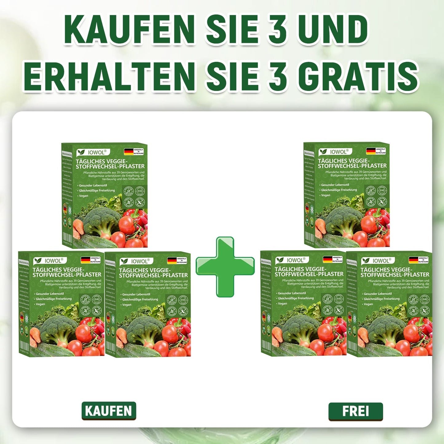 🥦Offizieller Store | IOWOL® Daily Vegetable Metabolic Patch unterstützt Entgiftung, Verdauung und metabolischen Reset mit organischen Gemüseextrakten und Phytonährstoffen aus 39 Gemüsen und grünen Pflanzen, für mehr Energie und Wohlbefinden.