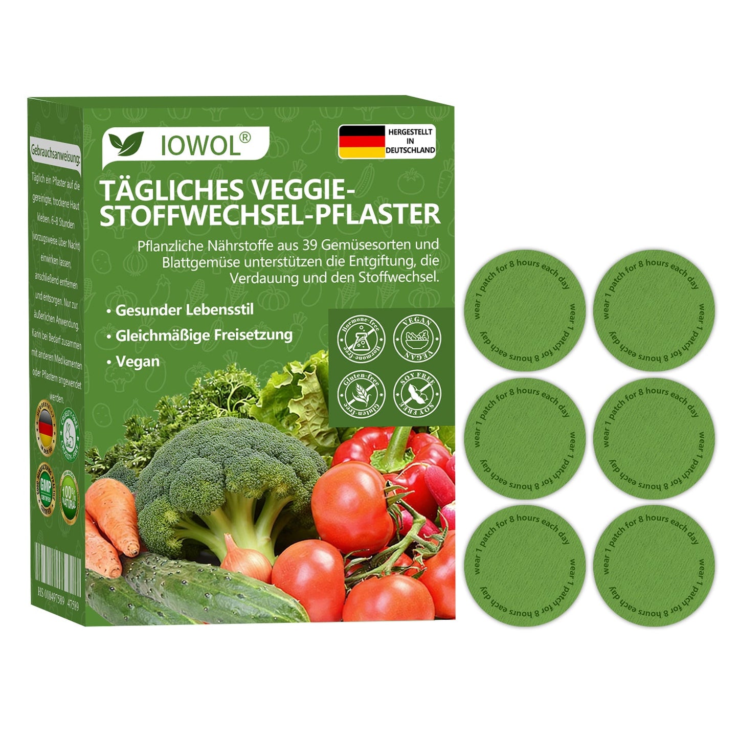 🥦Offizieller Store | IOWOL® Daily Vegetable Metabolic Patch unterstützt Entgiftung, Verdauung und metabolischen Reset mit organischen Gemüseextrakten und Phytonährstoffen aus 39 Gemüsen und grünen Pflanzen, für mehr Energie und Wohlbefinden.
