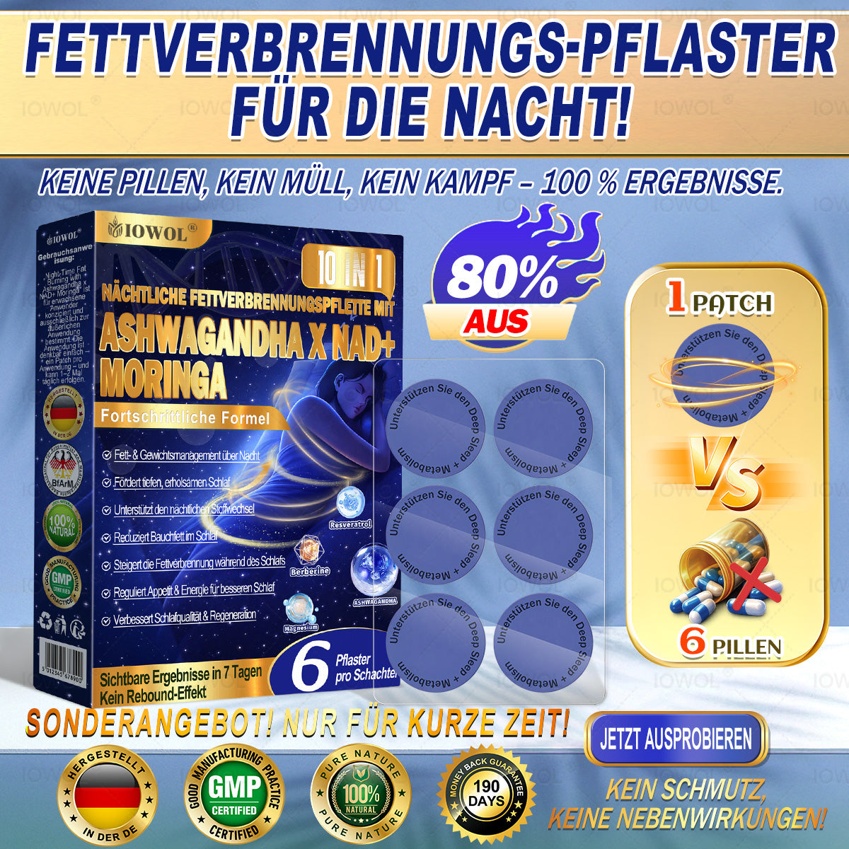 IOWOL® NACHT-FETTVERBRENNUNGS-PATCHES! 🌙✨ Über Nacht anwenden und deine Fettverbrennungsroutine im Schlaf unterstützen. Kombiniere IOWOL® mit DOTALE® Metabolic Patches für bis zu 2× mehr Wirkung.