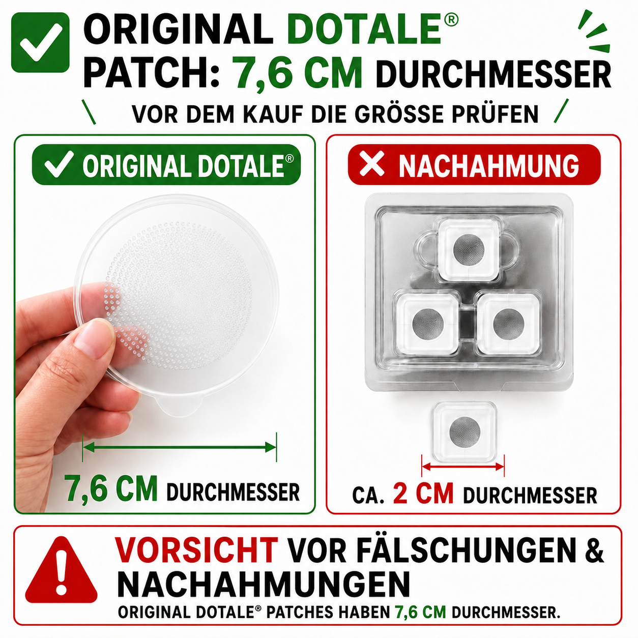 Original DOTALE Patch mit 7,6 cm Durchmesser im direkten Vergleich zu einer etwa 2 cm großen Nachahmung